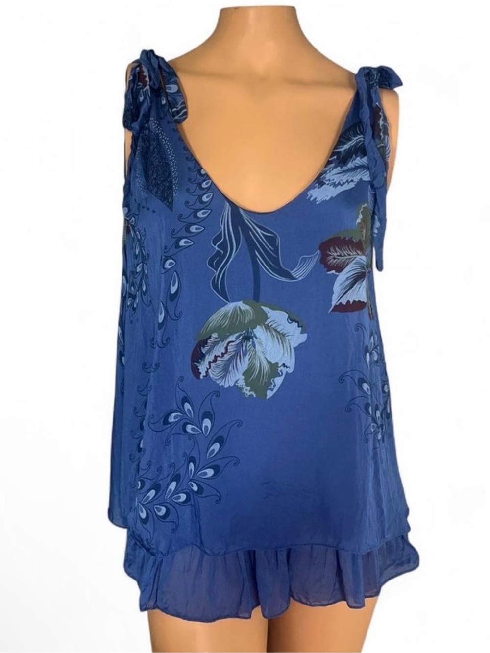 Blue Silk made in Italy Floral Tie-Shoulder Women's Tank Top